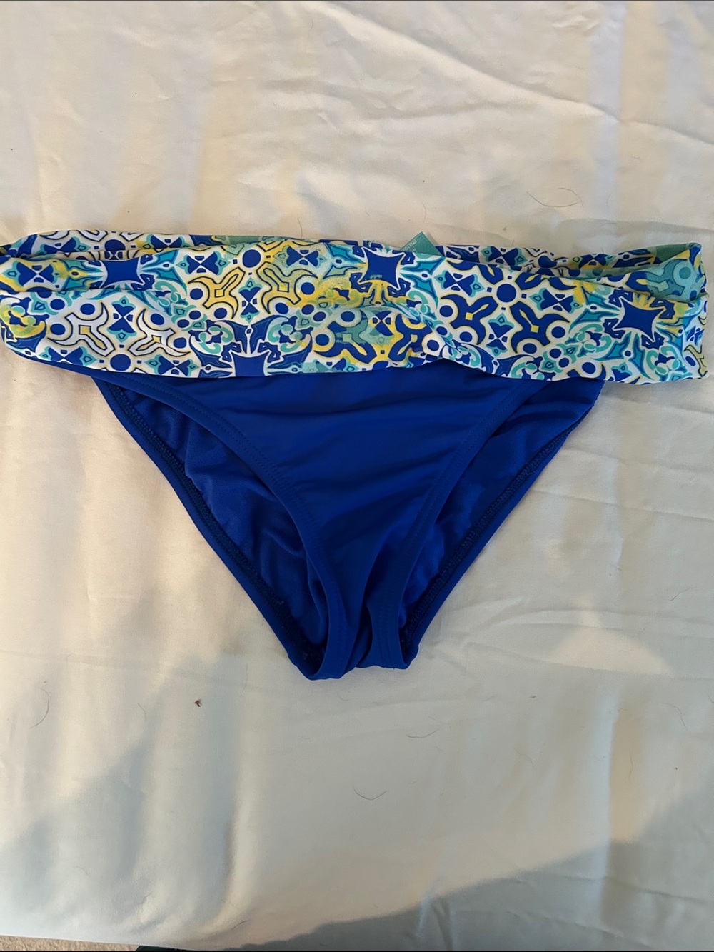Royal Blue Women's Fold-Over Bikini Bottom with Patterned Waistband